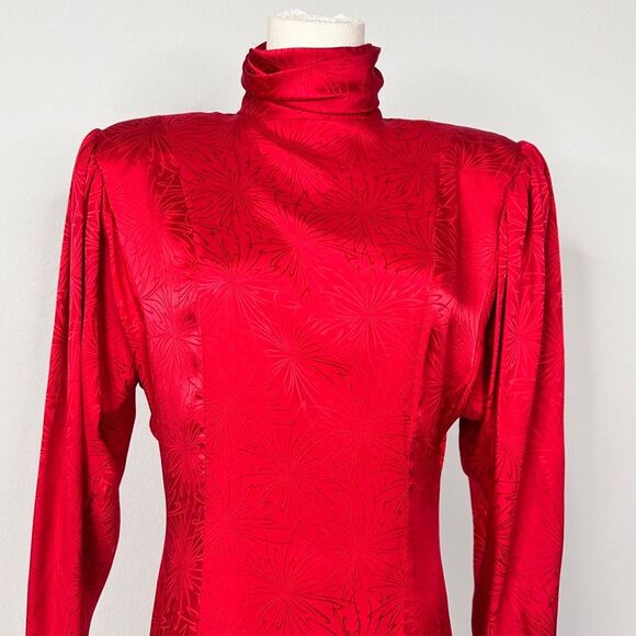 Vtg 80s David Josef 100% Silk Midi Dress Red Jacquard Neiman Marcus M Holidays - Picture 9 of 16